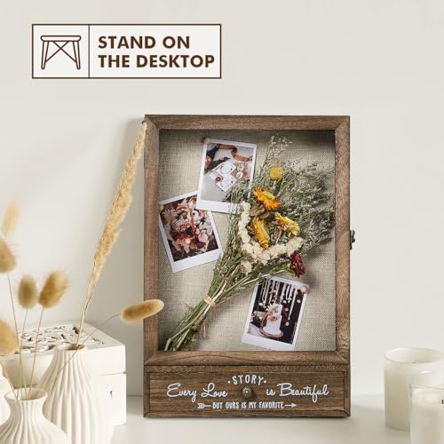 AW Bridal 11x16 Brown Shadow Box Frame with Removable Shelves & Drawers, Love Story Edition