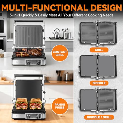 Sandwich Maker Reversible Grill Panini Press with Non-Stick Surfaces - Silver - 4 Slice