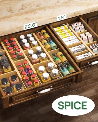 Adjustable Bamboo Drawer Dividers - 8 Pack, Expand from 18 to 22.6 Inches, Non-Slip Silicone Ends, Natural