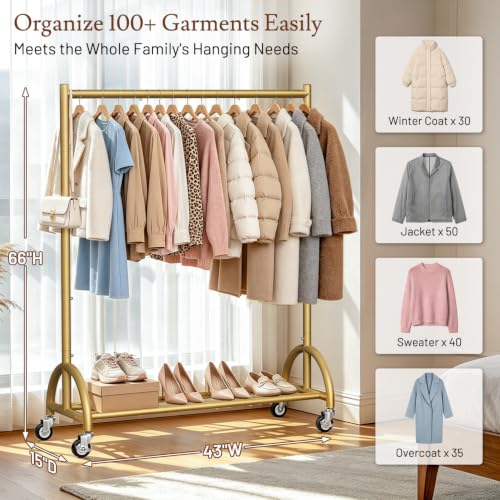 Heavy Duty Gold Clothing Rack with Wheels - Stable Garment Organizer, 66"H