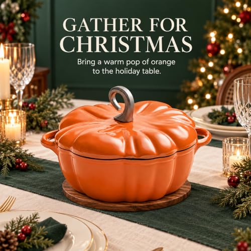 Pumpkin Cast Iron Dutch Oven Pot with Lid - Orange Halloween & Thanksgiving Decor