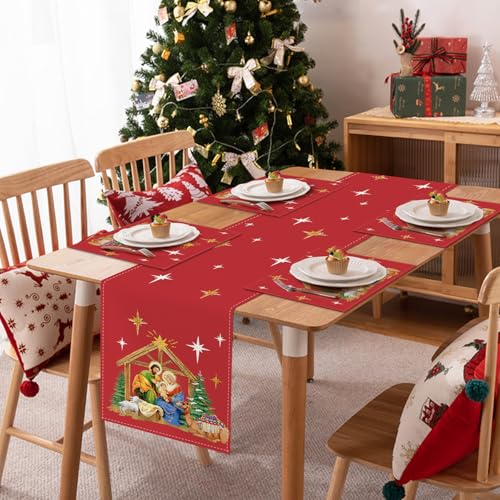 Bonhause 13x72 Inch Jesus Nativity Table Runner, Red Christmas Indoor/Outdoor Decor