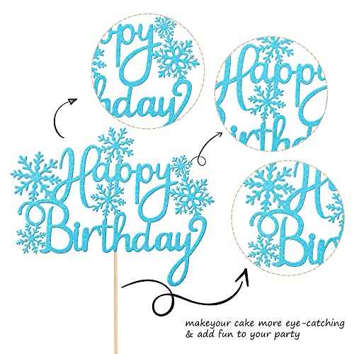 1 PCS Happy Birthday Snowflake Cake Topper Glitter Winter Frozen Snowflake Cake Pick Decoration for Winter Wonderland Baby Shower Kids Birthday Christmas Party Decorations Supplies Blue