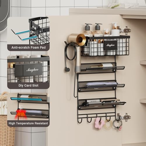 Magheo Black Wall Mount Hair Dryer Holder with 5-Tier Storage Shelf & Hooks – Bathroom Organizer