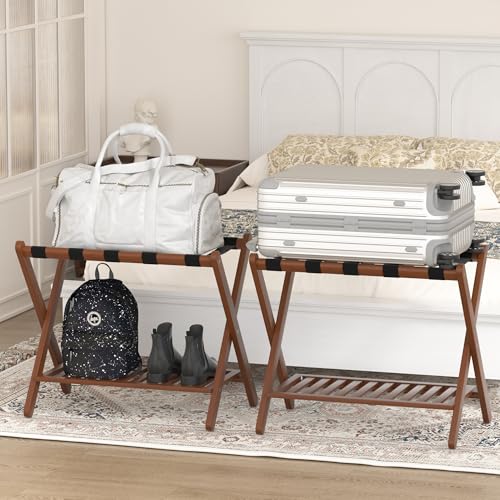 Natuvite Foldable Bamboo Luggage Rack with Storage Shelf - Chestnut Brown 1Pcs