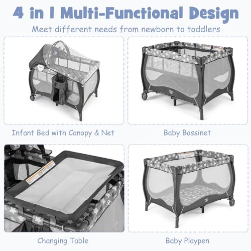 Baby Joy 4-in-1 Portable Baby Playard with Canopy & Changing Table - White Star