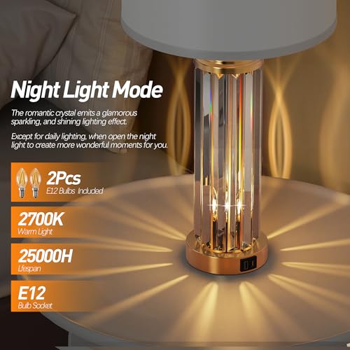 Set of 2 Gold & Clear Modern Table Lamps with Nightlight & USB Charging Ports