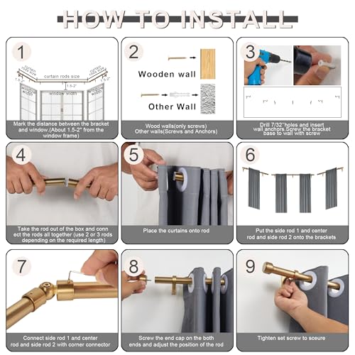 Warm Gold Bay Window Curtain Rods with Aluminum End Caps & Brackets, Adjustable 36-72 & 20-36 Inch Sets - 3 Sided Version