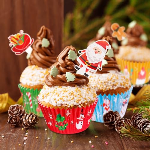 Christmas Cupcake Liners with Toppers Picks, Standard Wrappers Cupcake Disposable Baking Cups Muffin Liners for Xmas Holiday Party Favors, Party Decorations for Christmas Baking Supplies