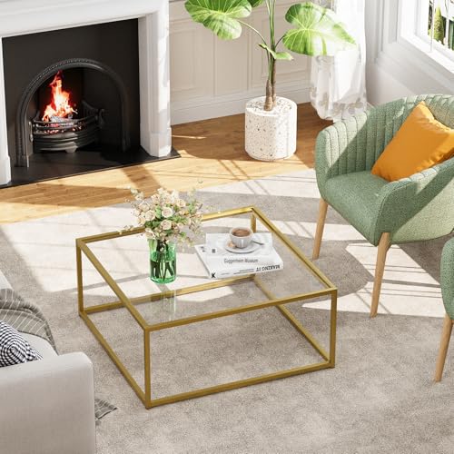 Gold 1-Tier Square Glass Coffee Table - Small Modern Living Room Center Table