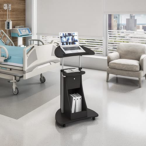 Black Adjustable Height Rolling Laptop Cart with Storage and Locking Casters