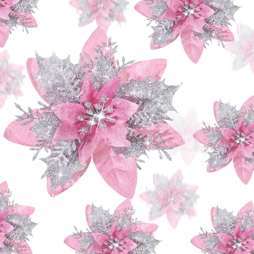 36 Pcs Artificial Poinsettia Christmas Decorations Peach Pink & Silver