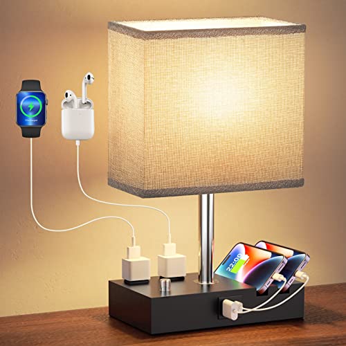 Wood Grain Bedside Table Lamp with USB Charging & 2 Outlets - Stepless Dimmable, 1 Pack