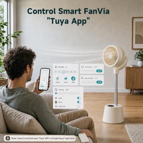 Rechargeable Smart Pedestal Fan with Remote & Wi-Fi App, 6 Speeds, Quiet Oscillating Fan for Bedroom Patio Travel