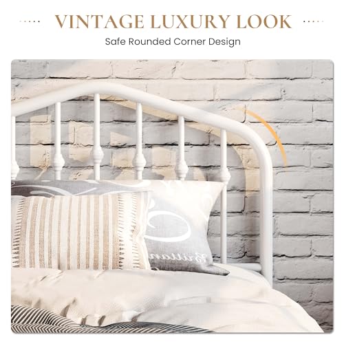 Twin Size Metal Bed Frame with Wrought Iron Headboard - White, Rustic Style