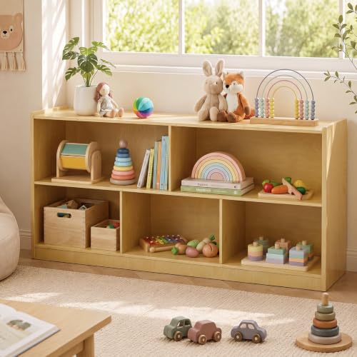 STEPLAY Montessori Wooden Toy Storage Shelf for Kids, 2-Tier & 5-Section Organizer