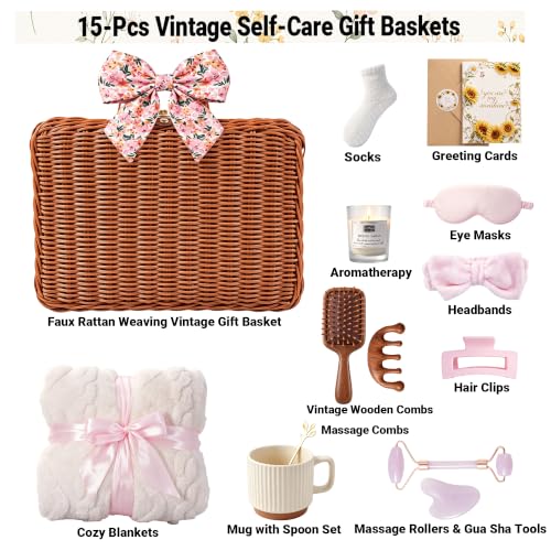 Pink Spa Gift Basket for Women - 15-Piece Self Care Set with Rattan Suitcase