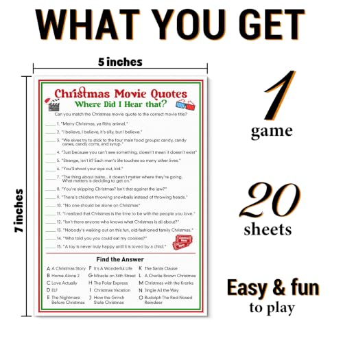 Christmas Movie Trivia Game Cards - Match Quotes to Films, Party & Family Fun