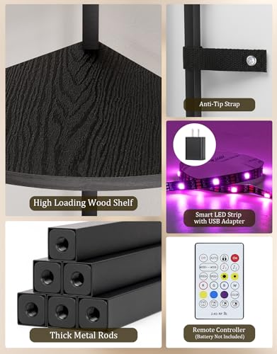 Black Corner Shelf with LED Light and Remote, 5-Tier Floor Display Shelf for Living Room & Bedroom