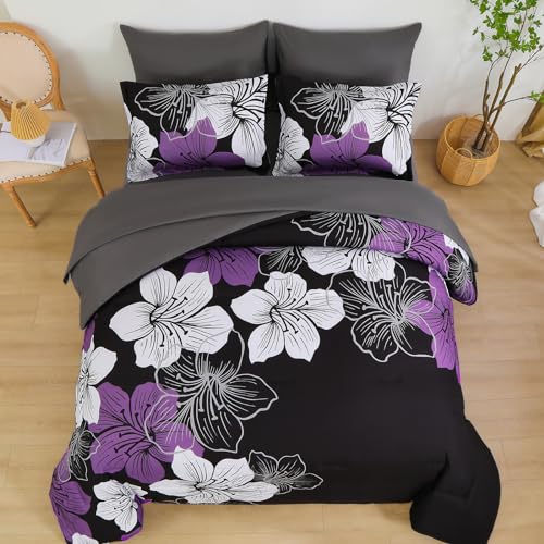 Luxudecor Queen Size Purple & Black Floral Comforter Set - 7 Pieces Bed in a Bag