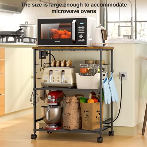 ThreeHio Brown Kitchen Microwave Cart with Power Outlet, 3-Tier Utility Storage