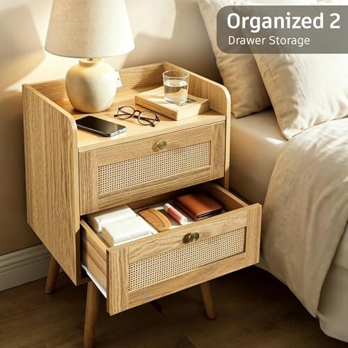 EOLULIG Rattan Nightstands Set of 2 with Natural Wood Finish, Boho Bedside Tables with 2 Drawers & Built-in Charging Station