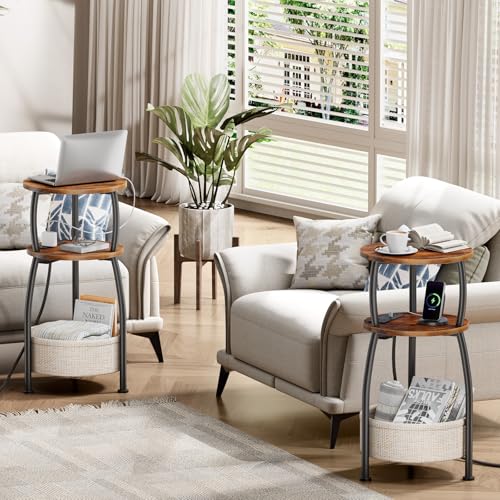 Yuede Rustic Brown Round Side Table with Charging Station - 11.81" Dia