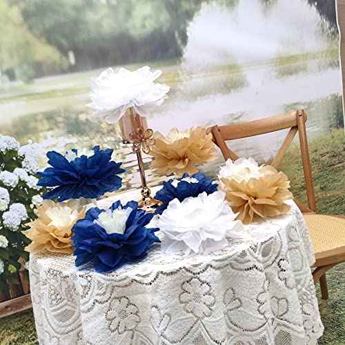 Mybbshower 12 PCS Navy Blue Gold Tissue Paper Flowers for Birthday Baby Bridal Shower Wedding Bachelorette Navy Blue Anniversary Party Decorations 10"-6"