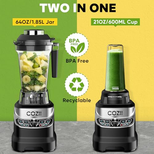 COZII Professional 2000W Countertop Blender with 64oz Pitcher & 21oz To-Go Cup - Black