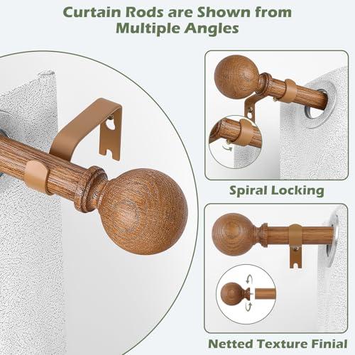 HTZON 2 Pack Wood Grain Adjustable Curtain Rods for Windows 28-48 Inch, Rustic Boho Heavy Duty Drapery Rod Set, Model: Wood Grain / 18-45"