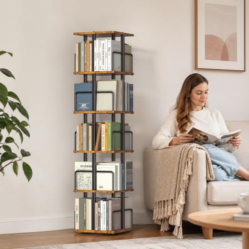 5-Tier Rotating Bookcase - Rustic Brown Corner Spinning Shelving Unit with Metal Guardrails