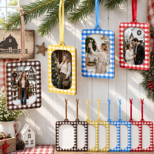 Pinkunn 12 Pcs Christmas Gingham Photo Frame Ornaments 2x3 in Multi Color - Cotton Rustic
