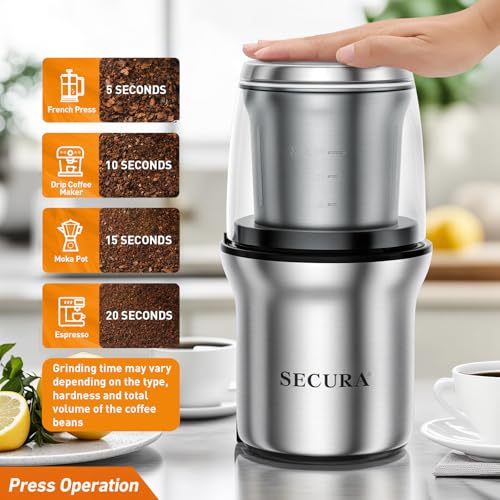 Secura Electric Coffee and Spice Grinder - Stainless, 2 Removable Bowls