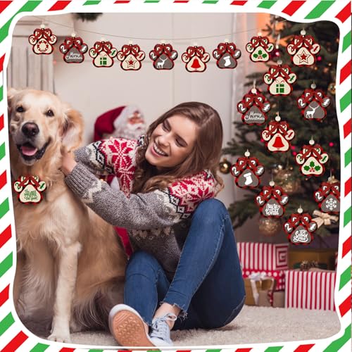 BBTO 12Pcs Dog Paw Ornaments Christmas Tree Wood Decor Red Black Brown