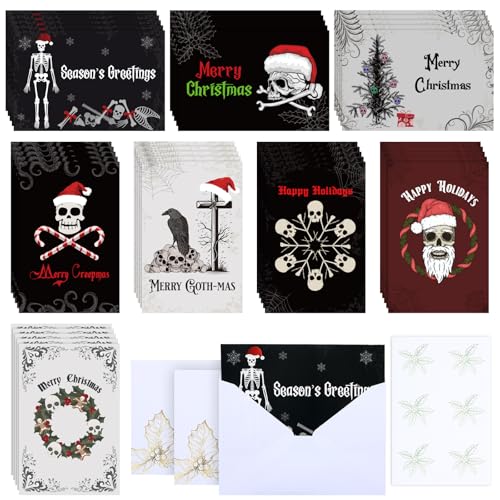 Gothic Christmas Cards Set with Envelopes & Stickers - Spooky Skeleton Theme, 36 Pack