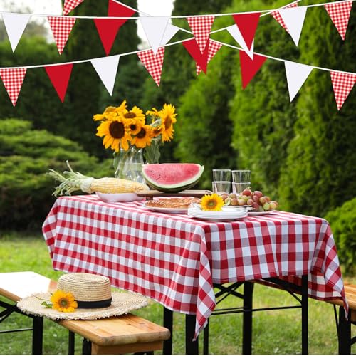 MARFOREVER 28 FT Red Plaid Checkered White Pennant Banner Flags, 30 Pcs Fabric Triangle Flag Bunting Garland Banner for Picnic Wedding Birthday Carnival Baby Shower Christmas Garden Party Decorations