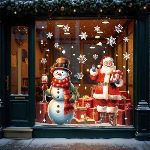 CCINEE Extra Large Christmas Window Clings, 2 Sheets Double-Sided Holiday Window Stickers Snowflakes Santa Claus Snowman Decals for Home Holiday Indoor Office School Decorations