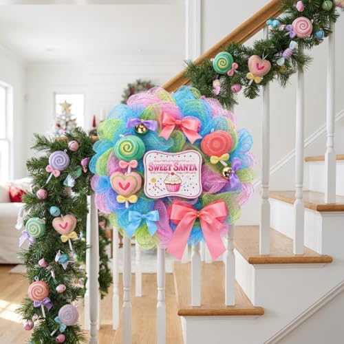 Pastel Candy Christmas Wreath with Lollipops and Bells - 15.7 Inch Holiday Door Decor