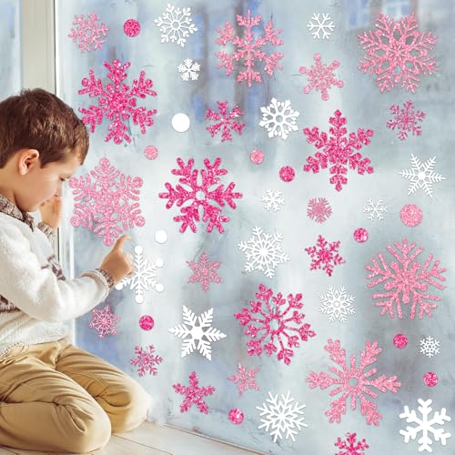 Whaline Pink White Glitter Snowflake Window Clings, 9 Sheets - Reusable Xmas Decor