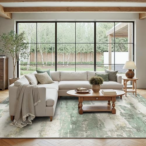 Light Green and Cream Abstract Area Rug - 6x9 Non-Slip Washable Carpet for Bedroom