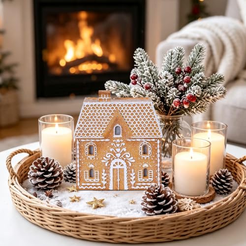 Cynkeyee Gingerbread House 6.5-inch Resin Figurine with Single Chimney - Lighted Xmas Village Cottage