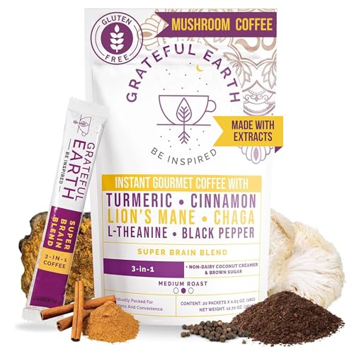 Grateful Earth Instant Mushroom Coffee Pack of 20 with Lion's Mane & Adaptogens