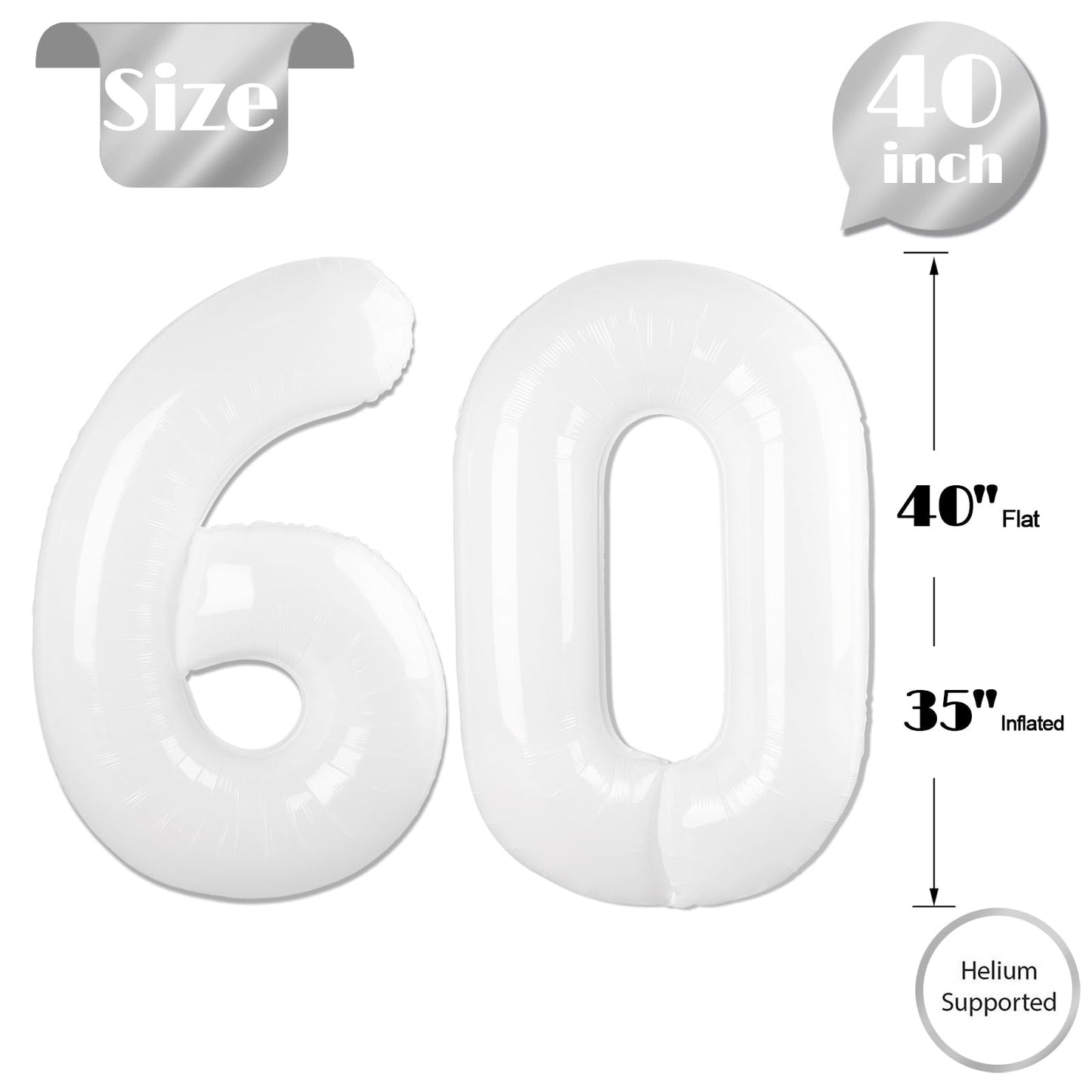 White Number 60 Balloon 40 inch, Translucent 60 Number Balloons, 60th White Birthday Decorations for Women Men, 60 Year Old Party Supplies