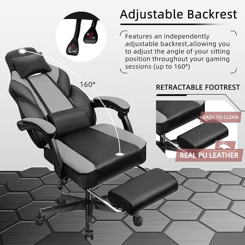 Shintenchi Gaming Chair with Footrest & Massage Lumbar Support - Grey