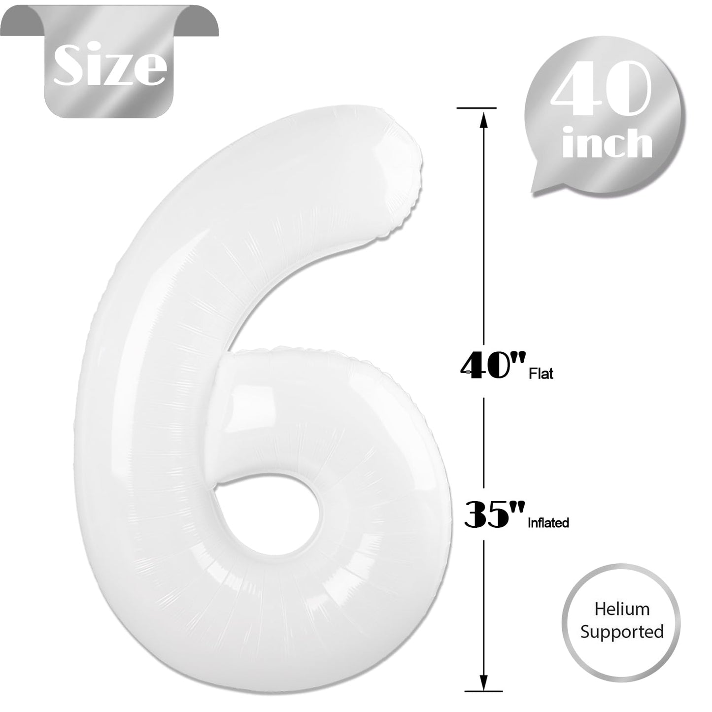 White 6 Balloon, Translucent Number Balloons 40 Inch, 6th Balloons for Birthday Decorations, White Party Supplies 6 Birthday Balloon, Number 6 Balloon
