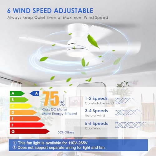 46-Inch Flush Mount Ceiling Fan with Lights - White Modern Fan with Reversible Motor & Dimmable LEDs - Variation: White-New