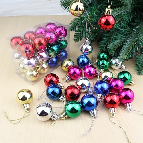 Aacehlh 24Pcs Mini Christmas Ball Ornaments 1.2in Shatterproof Multicolor Hanging Balls for Xmas Tree