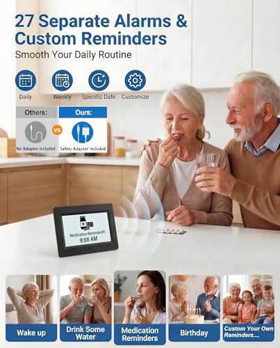 MASSII 27 Alarms Digital Talking Clock with Time Date Announcement, Auto DST, 20 Custom Reminders, 10-Level Dimmer, Sleep Trainer, Large Day Calendar Clock for Elderly Dementia Alzheimers -with Remote