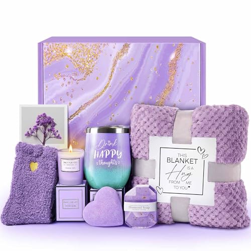 Christmas Gift Basket for Women with Blanket - Purple Holiday Get Well Soon
