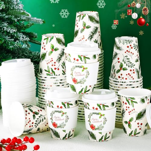 100 Set Christmas Disposable Coffee Cups with Lids Sleeves 14 oz Mug